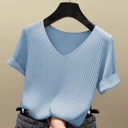 Knitted Short Sleeve Women V-Neck T Shirts 2026 Blue Slim Black Thin Knit Orange Tops Ladies Summer Camiseta Summer T Shirts