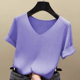 Knitted Short Sleeve Women V-Neck T Shirts 2026 Blue Slim Black Thin Knit Orange Tops Ladies Summer Camiseta Summer T Shirts