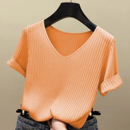 Knitted Short Sleeve Women V-Neck T Shirts 2026 Blue Slim Black Thin Knit Orange Tops Ladies Summer Camiseta Summer T Shirts