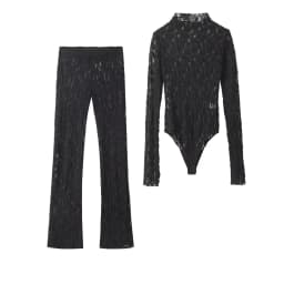 HH Womens Lace Pants Sets Slim Jumpsuits Top + High Waist Trousers Sexy Lady Floral Lace Translucent Y2k Bodysuit Suits