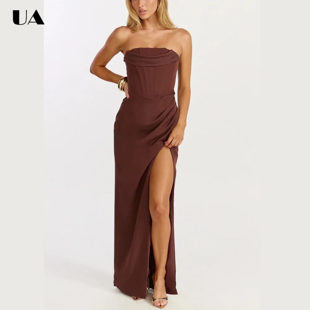 ULBYANRY Sexy Corset High-slit Draped Prom Dress, Simple Strapless Long Evening Dress, Customized Solid Sleeveless Party Dress