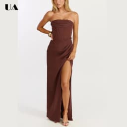ULBYANRY Sexy Corset High-slit Draped Prom Dress, Simple Strapless Long Evening Dress, Customized Solid Sleeveless Party Dress