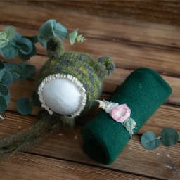 Newborn Stretch Knit Mohair Wrap Lace Frill Sewing Bonnet And Headband Photography Prop Baby Wrap Three Piece Set
