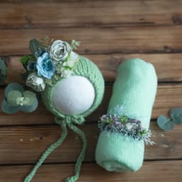 Newborn Stretch Knit Mohair Wrap Lace Frill Sewing Bonnet And Headband Photography Prop Baby Wrap Three Piece Set