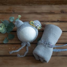 Newborn Stretch Knit Mohair Wrap Lace Frill Sewing Bonnet And Headband Photography Prop Baby Wrap Three Piece Set