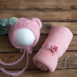 Newborn Stretch Knit Mohair Wrap Lace Frill Sewing Bonnet And Headband Photography Prop Baby Wrap Three Piece Set