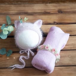 Newborn Stretch Knit Mohair Wrap Lace Frill Sewing Bonnet And Headband Photography Prop Baby Wrap Three Piece Set