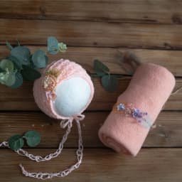 Newborn Stretch Knit Mohair Wrap Lace Frill Sewing Bonnet And Headband Photography Prop Baby Wrap Three Piece Set