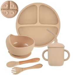 5Pcs/Set Baby Soft Silicone Tableware Kid Feeding Dishe Sucker Plate Bowl Spoon Fork Set Children Dishes Non-slip Dinnerware Set