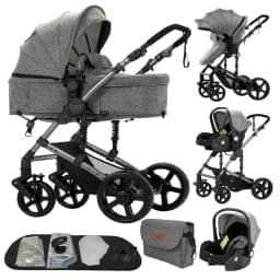 3-in-1 Baby Stroller Travel System with Infant Car Seat and Reversible Convertible Bassinet, Compact One-Hand Fold Lightweight Pushchair Pram, All-Terrain Shock-Absorbing EVA Wheels, Adjustable Canopy, Soft Cushion, Large Basket, 5-Point Harness, Suitable