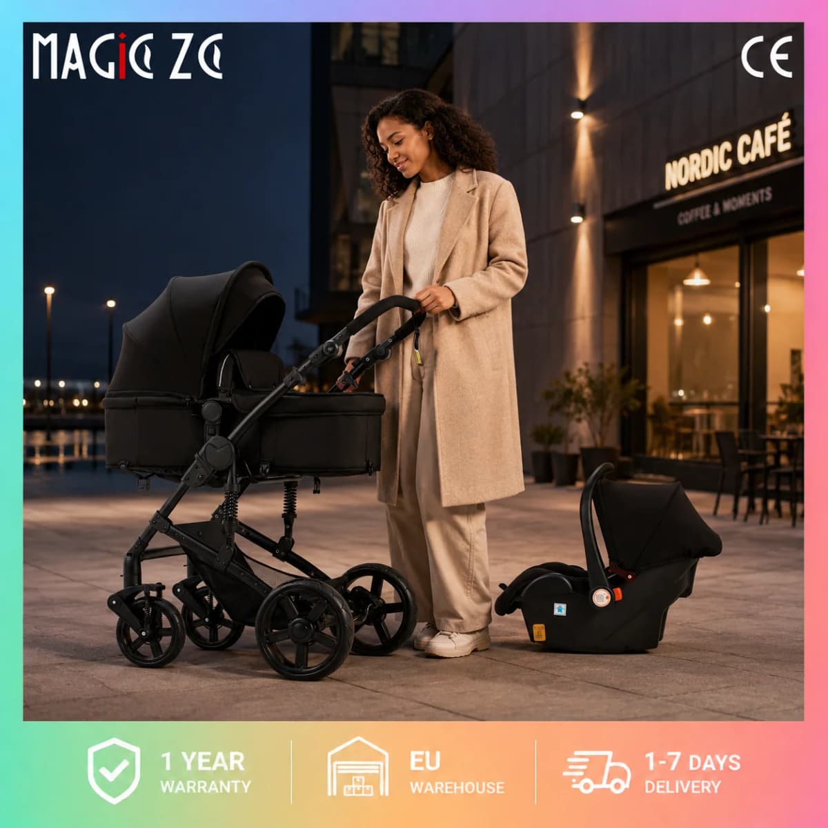3-in-1 Baby Stroller Travel System with Infant Car Seat and Reversible Convertible Bassinet, Compact One-Hand Fold Lightweight Pushchair Pram, All-Terrain Shock-Absorbing EVA Wheels, Adjustable Canopy, Soft Cushion, Large Basket, 5-Point Harness, Suitable