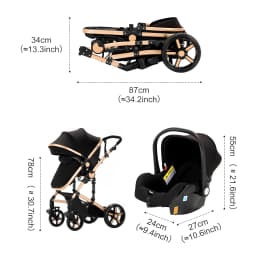 3-in-1 Baby Stroller Travel System with Infant Car Seat and Reversible Convertible Bassinet, Compact One-Hand Fold Lightweight Pushchair Pram, All-Terrain Shock-Absorbing EVA Wheels, Adjustable Canopy, Soft Cushion, Large Basket, 5-Point Harness, Suitable