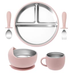 5PCS Stainless Steel Dishes Plate Baby Feeding Set With Detachable Silicone Sucker Bowl BPA Free Infant Fork Spoon Cup Gifts