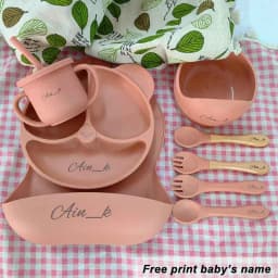 8Pcs/5Pcs Silicone Tableware For Kids Baby Feeding Set Cartoon Plate Personalized Name Sucker Cup Plate Bowl Bib Newborn Gift