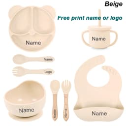 8Pcs/5Pcs Silicone Tableware For Kids Baby Feeding Set Cartoon Plate Personalized Name Sucker Cup Plate Bowl Bib Newborn Gift