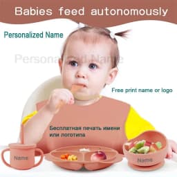 8Pcs/5Pcs Silicone Tableware For Kids Baby Feeding Set Cartoon Plate Personalized Name Sucker Cup Plate Bowl Bib Newborn Gift
