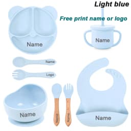 8Pcs/5Pcs Silicone Tableware For Kids Baby Feeding Set Cartoon Plate Personalized Name Sucker Cup Plate Bowl Bib Newborn Gift