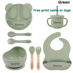 8Pcs/5Pcs Silicone Tableware For Kids Baby Feeding Set Cartoon Plate Personalized Name Sucker Cup Plate Bowl Bib Newborn Gift