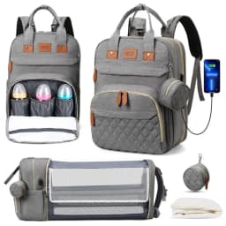 Foldable 3-in-1 Diaper Bag Backpack with USB Charge Waterproof Travel Bag Baby Bed And Changing Mat Included