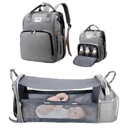 Foldable 3-in-1 Diaper Bag Backpack with USB Charge Waterproof Travel Bag Baby Bed And Changing Mat Included