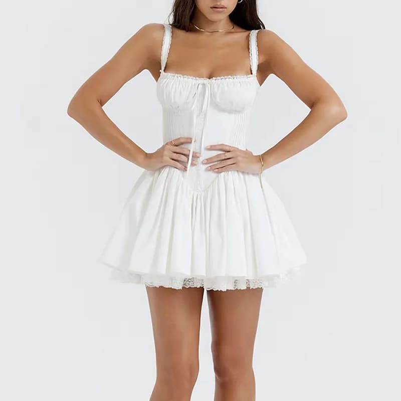 High Quality Sweet Backless Mini Dress Women Elegant Lace Hem Chest Wrap Suspenders Dresses Summer White Robes Vestidos