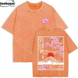 Mount Fuji Cherry Blossoms Prints Washed T-Shirts Womens Cotton Short Sleeve Tops Summer O-Neck Oversized T Shirt Basic Clothes