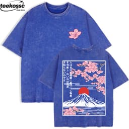 Mount Fuji Cherry Blossoms Prints Washed T-Shirts Womens Cotton Short Sleeve Tops Summer O-Neck Oversized T Shirt Basic Clothes