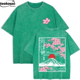 Mount Fuji Cherry Blossoms Prints Washed T-Shirts Womens Cotton Short Sleeve Tops Summer O-Neck Oversized T Shirt Basic Clothes