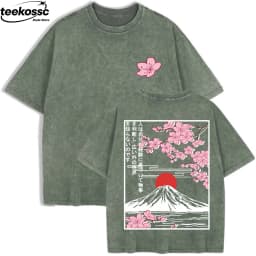 Mount Fuji Cherry Blossoms Prints Washed T-Shirts Womens Cotton Short Sleeve Tops Summer O-Neck Oversized T Shirt Basic Clothes