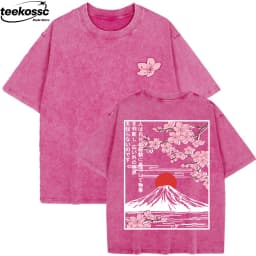 Mount Fuji Cherry Blossoms Prints Washed T-Shirts Womens Cotton Short Sleeve Tops Summer O-Neck Oversized T Shirt Basic Clothes