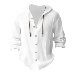 Men's Solid Color Casual Shirt, Hooded Drawstring Cotton and Linen Cardigan, Trendy and Versatile Loose Beach T-Shirt