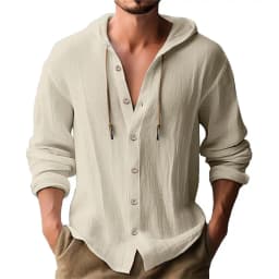 Men's Solid Color Casual Shirt, Hooded Drawstring Cotton and Linen Cardigan, Trendy and Versatile Loose Beach T-Shirt