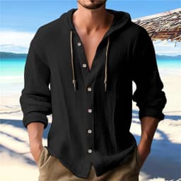 Men's Solid Color Casual Shirt, Hooded Drawstring Cotton and Linen Cardigan, Trendy and Versatile Loose Beach T-Shirt