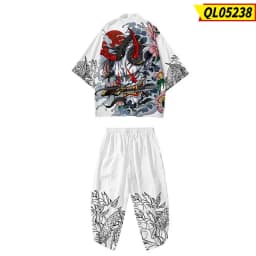 Large Size 5XL 6XL Japanese Kimono Cardigan Pants Set Print Fox Men Women Shirt Tradition Yukata Haori Obi Cosplay Costume