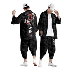 Large Size 5XL 6XL Japanese Kimono Cardigan Pants Set Print Fox Men Women Shirt Tradition Yukata Haori Obi Cosplay Costume