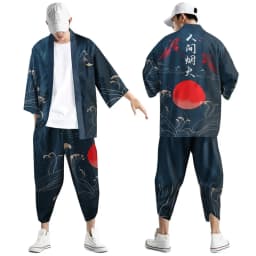 Large Size 5XL 6XL Japanese Kimono Cardigan Pants Set Print Fox Men Women Shirt Tradition Yukata Haori Obi Cosplay Costume