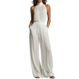 Women's Summer Jumpsuit, Halter High Neck Sleeveless Chiffon Wide Leg Rompers, Smocked Waist Backless Vacation One Piece Outfits