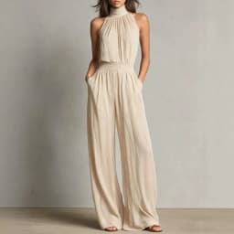 Women's Summer Jumpsuit, Halter High Neck Sleeveless Chiffon Wide Leg Rompers, Smocked Waist Backless Vacation One Piece Outfits