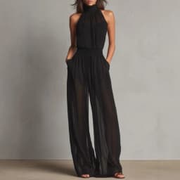 Women's Summer Jumpsuit, Halter High Neck Sleeveless Chiffon Wide Leg Rompers, Smocked Waist Backless Vacation One Piece Outfits