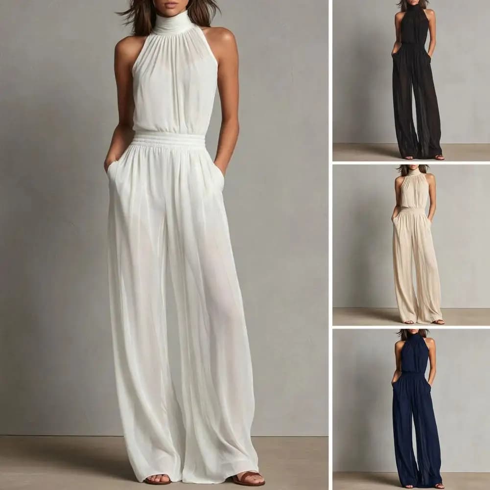 Women's Summer Jumpsuit, Halter High Neck Sleeveless Chiffon Wide Leg Rompers, Smocked Waist Backless Vacation One Piece Outfits