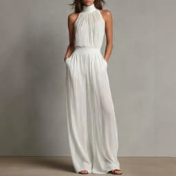 Women's Summer Jumpsuit, Halter High Neck Sleeveless Chiffon Wide Leg Rompers, Smocked Waist Backless Vacation One Piece Outfits