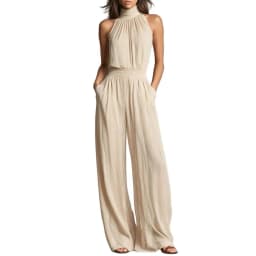 Women's Summer Jumpsuit, Halter High Neck Sleeveless Chiffon Wide Leg Rompers, Smocked Waist Backless Vacation One Piece Outfits
