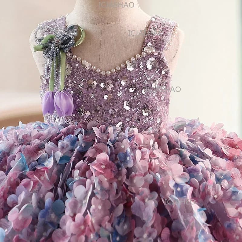 2026 Cute Sweet Purple Children Fashion Floral Sleeveless Kids Host Princess Gown Costume Girls Birthday Party Dress Summer New