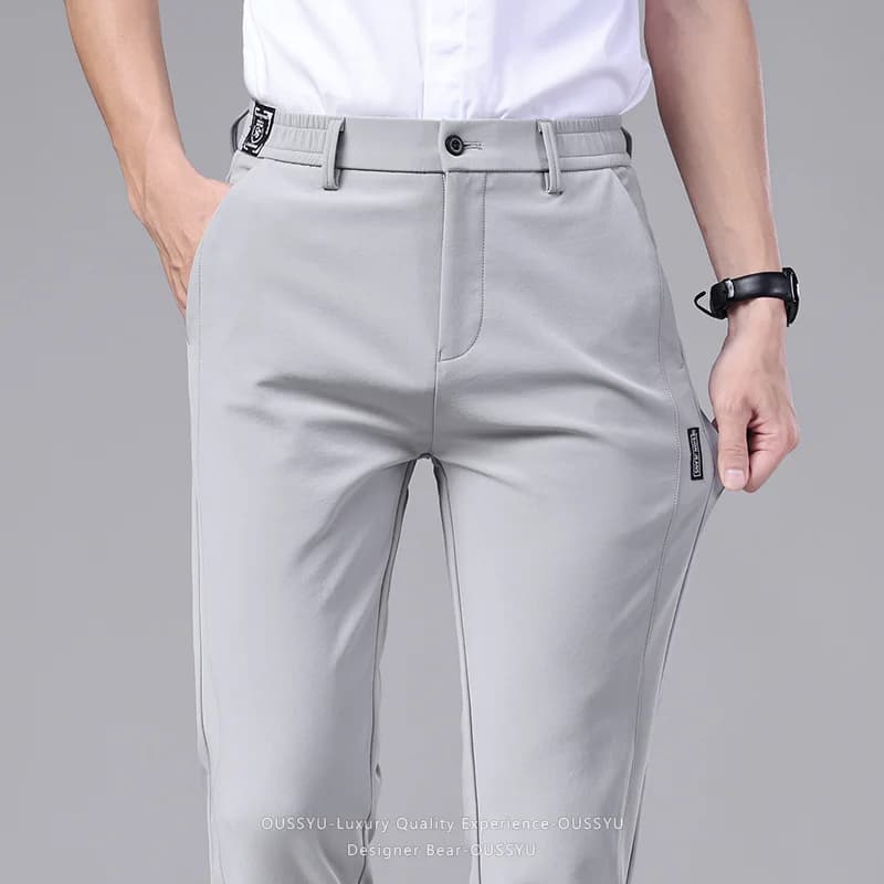 Summer Ultra-thin Elastic Men's Casual Trousers Quick-drying Ice Silk Slim Straight Business Solid Color Pants Black Gray 28-38