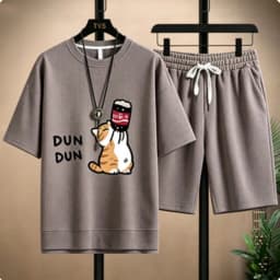 Cute Cartoon Cat Funny Print Pattern Loose Short-Sleeved Set for Men - Casual Waffle-Style Sports Outfit