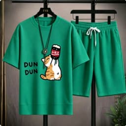 Cute Cartoon Cat Funny Print Pattern Loose Short-Sleeved Set for Men - Casual Waffle-Style Sports Outfit