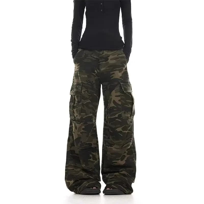 American retro washed design camouflage work pants for men and women, loose straight leg multi pocket wide leg casual paratroope