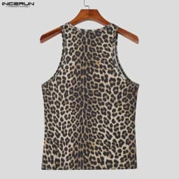 INCERUN Men Tank Tops Leopard Printing O-neck Sleeveless Summer Male Vests Streetwear Knitted 2026 Fashion Casual Men Clothing