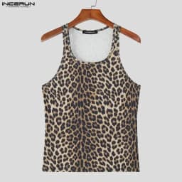 INCERUN Men Tank Tops Leopard Printing O-neck Sleeveless Summer Male Vests Streetwear Knitted 2026 Fashion Casual Men Clothing