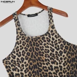 INCERUN Men Tank Tops Leopard Printing O-neck Sleeveless Summer Male Vests Streetwear Knitted 2026 Fashion Casual Men Clothing